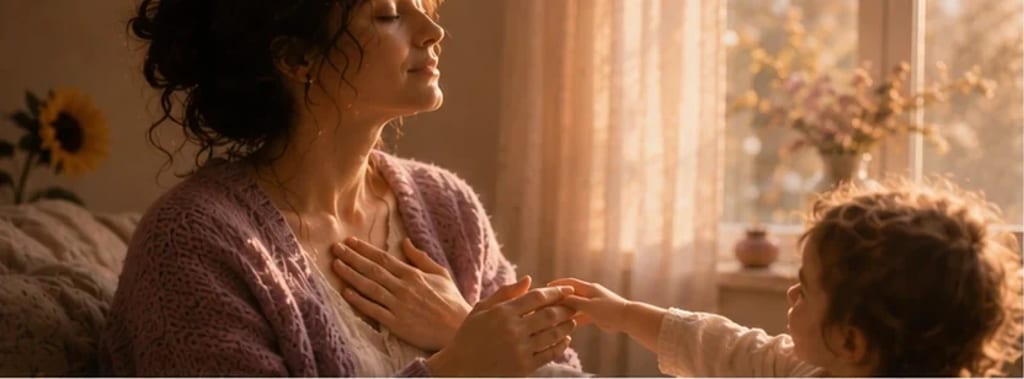 Mãe respirando devagar, mão no coração, a mãozinha de uma criança buscando a dela — autocompaixão e reparo