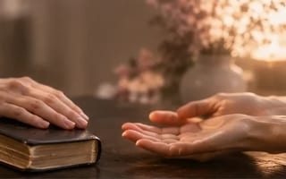 Mãos em luz suave, uma sobre uma Bíblia fechada e outra aberta e receptiva — fé e cuidado lado a lado