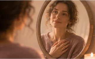 Mulher olhando com gentileza para o próprio reflexo num espelho suave, mão no peito — autoestima como cuidado