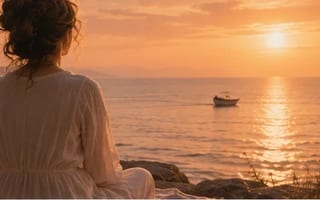 Mulher à beira-mar como um porto calmo na luz dourada, um pequeno barco rumo ao horizonte — ela ainda existe sob todo o cuidado