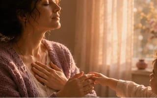 Mãe respirando devagar, mão no coração, a mãozinha de uma criança buscando a dela — autocompaixão e reparo