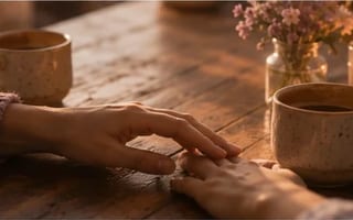 Duas xícaras de café numa mesa à luz quente, uma mão se estendendo à outra sobre a madeira — reconexão silenciosa