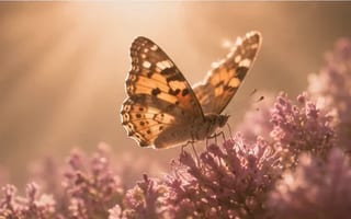 Borboleta abrindo as asas num feixe de luz junto a flores lilás — tornar-se quem você sempre foi