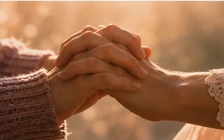 Duas mãos iguais entrelaçadas na luz suave — entrega mútua e parceria, nunca hierarquia
