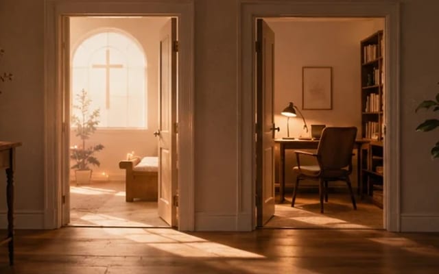 Duas portas abertas para ambientes quentes e iluminados — aconselhamento cristão e terapia