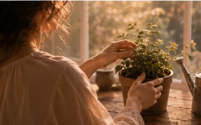 Mulher cuidando de uma plantinha no vaso sob um feixe de luz — cuidar do próprio jardim em vez de forçar o outro a florescer
