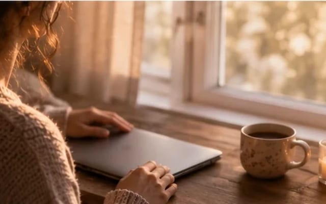 Mulher fechando o laptop e se voltando para a janela com uma vela e um chá — a pausa antes do limite