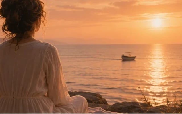 Mulher à beira-mar como um porto calmo na luz dourada, um pequeno barco rumo ao horizonte — ela ainda existe sob todo o cuidado