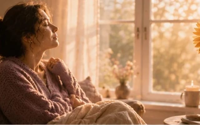 Mulher descansando em paz num quarto ensolarado, leve sorriso para a janela, um girassol alto ao lado — força sem esforço