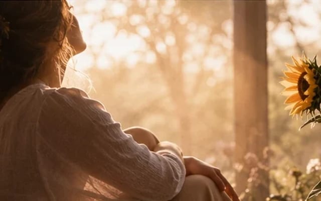 Mulher sentada na luz dourada do sol ao lado de um girassol — espiritualidade e saúde mental