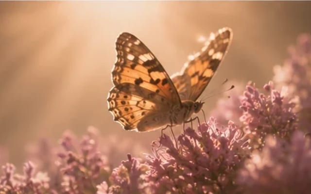 Borboleta abrindo as asas num feixe de luz junto a flores lilás — tornar-se quem você sempre foi