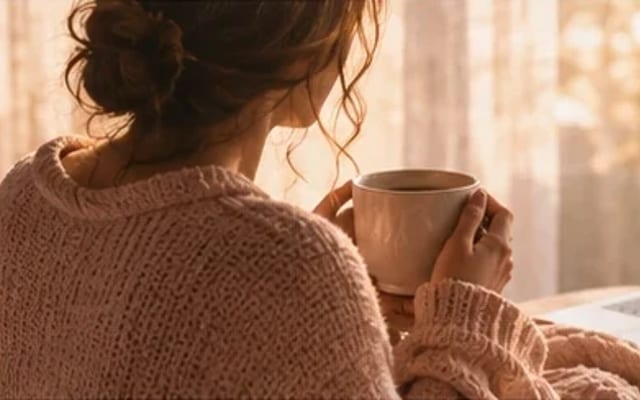 Mulher de costas em casa, com xícara e laptop em luz suave — terapia online para mulheres cristãs